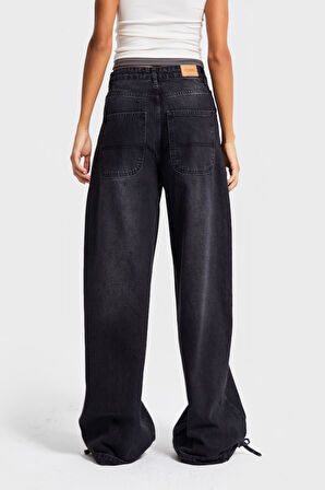Kadın Füme Renk 2w5-1 Straight Baggy Fit %100 Koton Paça Bağcık Detaylı Bol Kesim Denim Jean