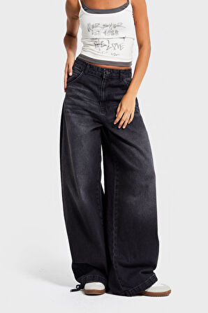 Kadın Füme Renk 2w5-1 Straight Baggy Fit %100 Koton Paça Bağcık Detaylı Bol Kesim Denim Jean