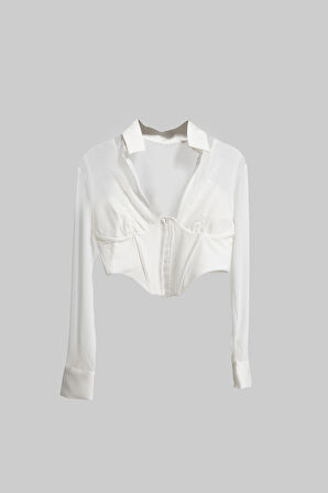 Kadın Ekru Renk Tül Detaylı Belden Oturmalı Uzun Kol Özel Tasarım Crop Top