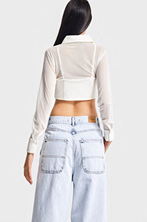 Kadın Ekru Renk Tül Detaylı Belden Oturmalı Uzun Kol Özel Tasarım Crop Top