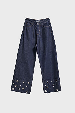 Kadın İndigo Renk 7w5-50 Süper Baggy Fit Özel Viskon Kumaş Kuş Gözü Detaylı Denim Jean