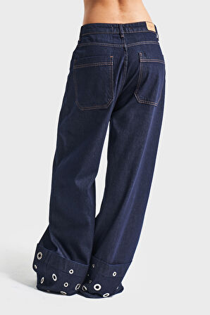 Kadın İndigo Renk 7w5-50 Süper Baggy Fit Özel Viskon Kumaş Kuş Gözü Detaylı Denim Jean