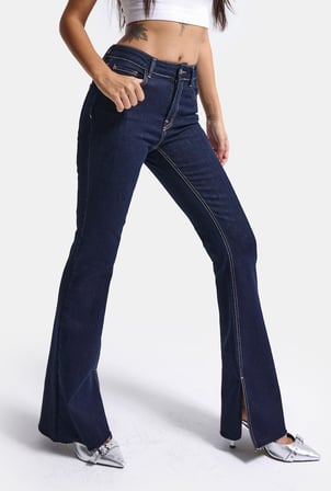 Kadın İndigo 7w6-50 Slim Flare Fit Yırtmaçlı Paça Denim Jean