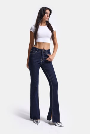 Kadın İndigo 7w6-50 Slim Flare Fit Yırtmaçlı Paça Denim Jean