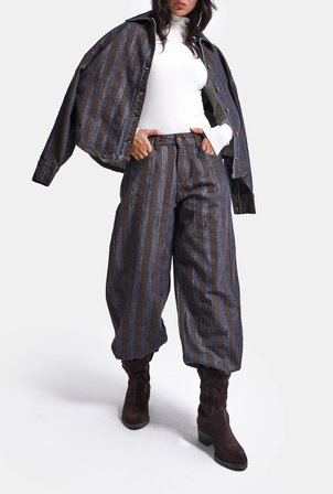 Kadın Kahve Çizgili 1w6-7 Barrel Fit Bol Kesim Tasarım Denim Pantolon