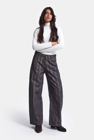 Kadın Kahve Çizgili 1w6-7 Barrel Fit Bol Kesim Tasarım Denim Pantolon