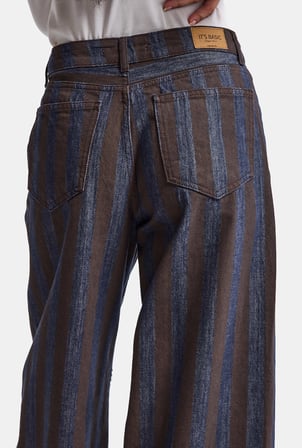 Kadın Kahve Çizgili 1w6-7 Barrel Fit Bol Kesim Tasarım Denim Pantolon