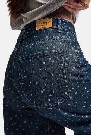 Kadın Koyu Mavi Puantiye P-1w6-11 Palazzo Fit Özel Tsarım Denim Jean