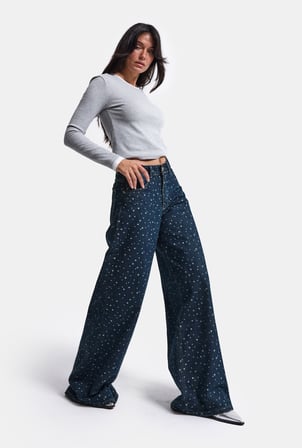 Kadın Koyu Mavi Puantiye P-1w6-11 Palazzo Fit Özel Tsarım Denim Jean