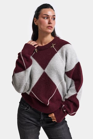 Kadın Bordo Gri w6-35 Oversize Baklava Desenli Aksesuar Detaylı Tasarım Triko Kazak