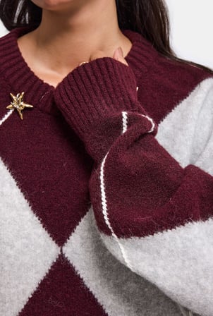 Kadın Bordo Gri w6-35 Oversize Baklava Desenli Aksesuar Detaylı Tasarım Triko Kazak