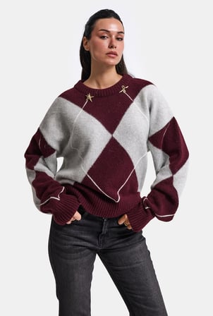Kadın Bordo Gri w6-35 Oversize Baklava Desenli Aksesuar Detaylı Tasarım Triko Kazak