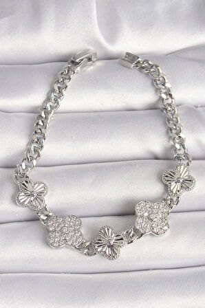 Pirinç Gümüş Renk Zincir Yonca Model Kadın Bileklik