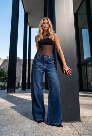 Kadın Koyu Mavi 2w6-5 Süper Baggy Yan Süet Detaylı Özel Tasarım Denim Jean