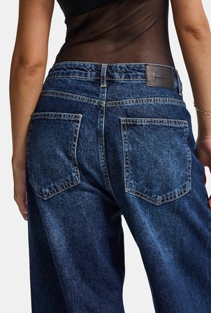 Kadın Koyu Mavi 2w6-5 Süper Baggy Yan Süet Detaylı Özel Tasarım Denim Jean