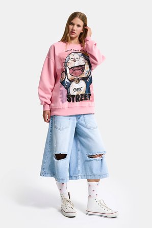 Kadın Pembe w5 Oversize Baskılı %100 Koton Organik Kumaş Sweatshirt
