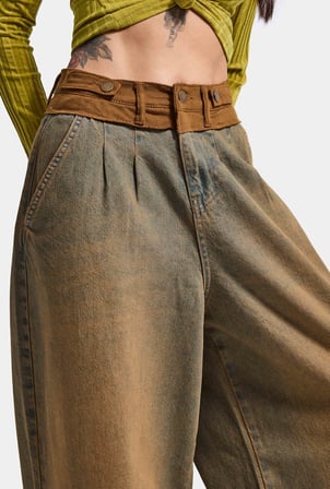 Kadın Kahve Kot 2w6-85 Palazzo Fit Kemer Detaylı Özel Tasarım Denim Jean