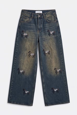 Kadın Koyu Kot 2w6-8 Palazzo Fit Özel Nakış Desenli Tasarım Denim Jean