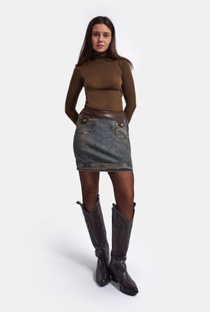 Kadın Koyu Kot 2w6-8 Straight Deri Detaylı Esnek Kumaş Tasarım Mini Denim Etek