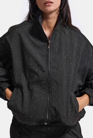 Kadın Antrasit w6-1 Oversize Parlak Taş Tasarım Bomber Ceket