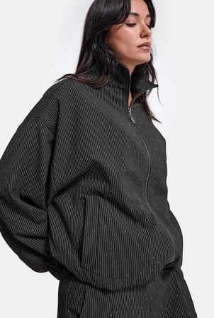 Kadın Antrasit w6-1 Oversize Parlak Taş Tasarım Bomber Ceket