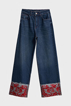 Kadın Koyu Kot Rengi 2w5-10 Straight Fit %100 Koton Paça Kırmızı Nakış Desenli Özel Tasarım Denim Jean