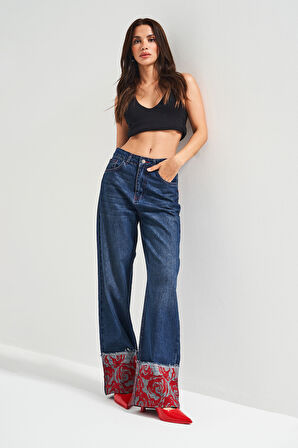 Kadın Koyu Kot Rengi 2w5-10 Straight Fit %100 Koton Paça Kırmızı Nakış Desenli Özel Tasarım Denim Jean