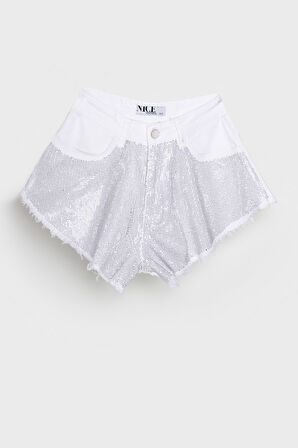 Kadın Beyaz Renk TS4 Balon Fit Mini Boy Parlak Taşlı %100 Koton Tasarım Denim Şort