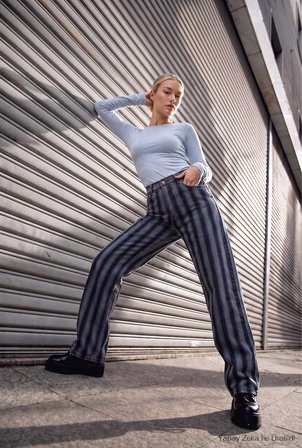 Kadın Mavi Çizgili 1w6-7 Loose Fit Özel Kumaş Tasarım Denim Jean
