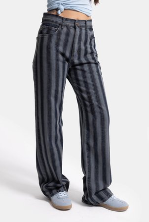 Kadın Mavi Çizgili 1w6-7 Loose Fit Özel Kumaş Tasarım Denim Jean