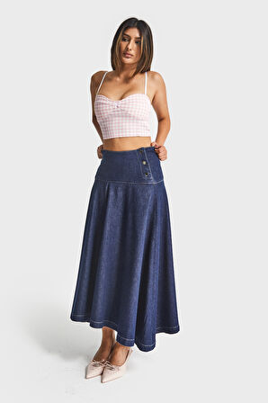 Kadın İndigo Renk 7w5-50 Maxi Boy Çan Kesim A Tipi %100 Koton Denim Etek