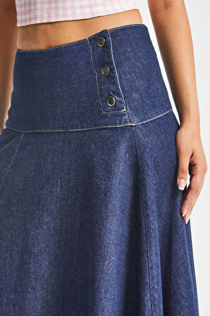 Kadın İndigo Renk 7w5-50 Maxi Boy Çan Kesim A Tipi %100 Koton Denim Etek