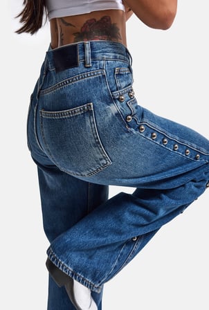Kadın Koyu Mavi T-2w6-5 Loose Fit Drop Detraylı Özel Tasarım Denim Jean