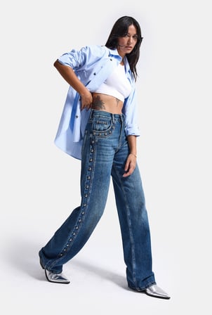 Kadın Koyu Mavi T-2w6-5 Loose Fit Drop Detraylı Özel Tasarım Denim Jean