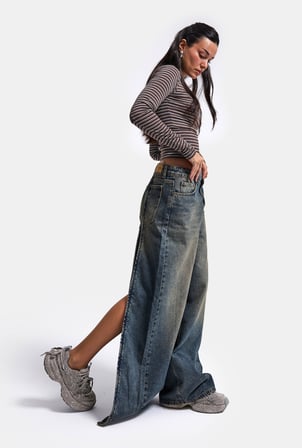 Kadın Koyu Kot 4w6-8 Mega Baggy Arkadan Fermuar Detaylı Özel Tasarım Denim Jean