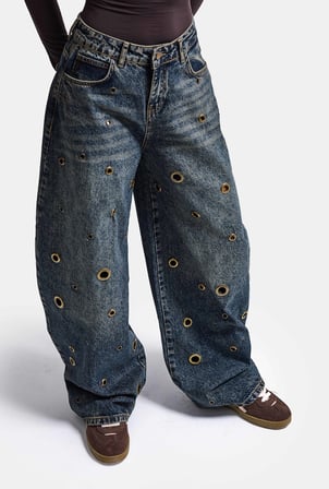 Kadın Kot Rengi 4w6-11 Barrel Fit Kuş Gözü Detaylı Özel Tasarım Denim Jean