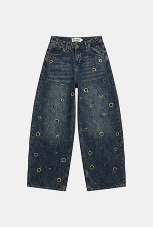 Kadın Kot Rengi 4w6-11 Barrel Fit Kuş Gözü Detaylı Özel Tasarım Denim Jean
