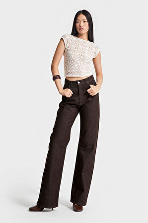 Kadın Acı Kahve Renk 7w5-16 Straight Fit Yüksek Bel Özel Parlak Kumaş %100 Koton Denim Jean