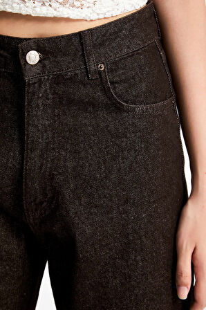 Kadın Acı Kahve Renk 7w5-16 Straight Fit Yüksek Bel Özel Parlak Kumaş %100 Koton Denim Jean