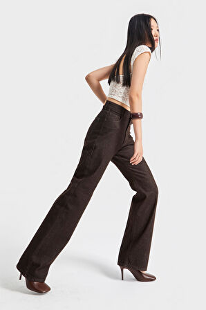 Kadın Acı Kahve Renk 7w5-16 Straight Fit Yüksek Bel Özel Parlak Kumaş %100 Koton Denim Jean