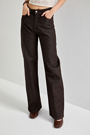 Kadın Acı Kahve Renk 7w5-16 Straight Fit Yüksek Bel Özel Parlak Kumaş %100 Koton Denim Jean