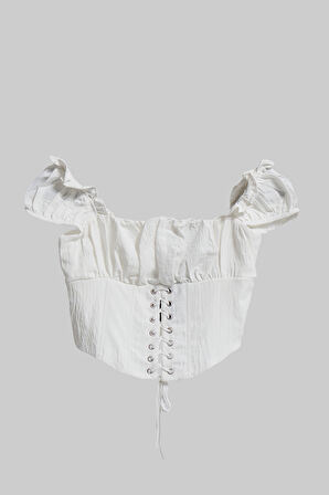 Kadın Ekru Renk Kuş Gözü Detaylı Özel Tasarım Crop Top