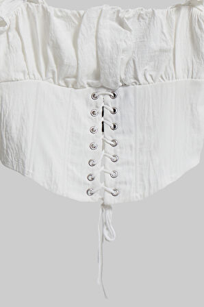 Kadın Ekru Renk Kuş Gözü Detaylı Özel Tasarım Crop Top