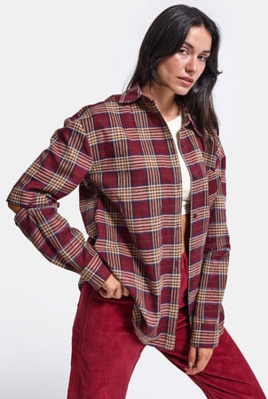 Kadın Bordo Ekose w6-38 Oversize Gömlek