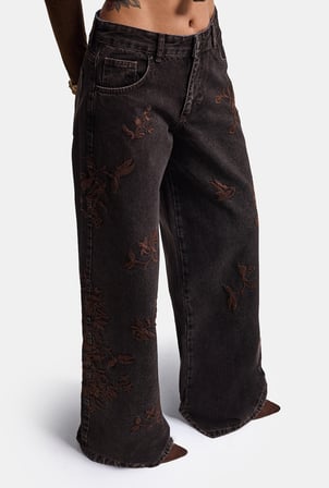 Kadın Kahve 3w6-156 Palazzo Fit Özel Desen Nakış Detaylı Tasarım Denim Jean