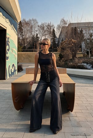 Kadın Koyu Füme 2w6-1 Palazzo Fit Özel Tasarım Denim Jean