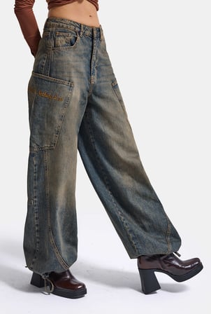 Kadın 4w6-85 Baggy Fit Özel Nakış Detaylı Tasarım Denim Jean