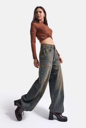 Kadın 4w6-85 Baggy Fit Özel Nakış Detaylı Tasarım Denim Jean