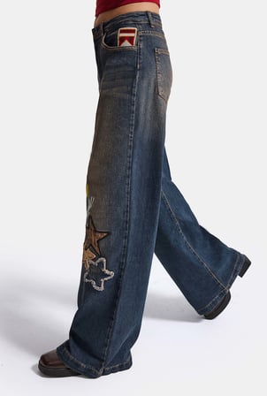 Kadın 2w6-8 Wide Leg Nakış ve Arma Detaylı Özel Tasarım Denim Jean