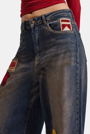 Kadın 2w6-8 Wide Leg Nakış ve Arma Detaylı Özel Tasarım Denim Jean